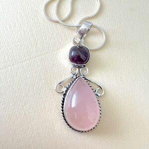 925 Sterling Silver Amethyst Rose Quartz Angel Necklace womens jewelry